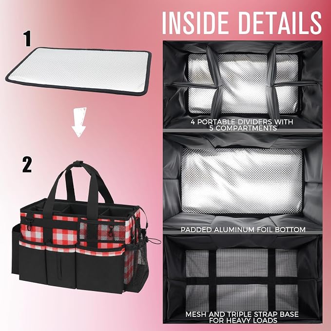 SCAVATA Wearable Cleaning Caddy, Cleaning Caddy Supplies Organizer with Handle & Shoulder Straps for Housekeepers, Under Sink & Car Cleaning Tool Organizers Bag with 4 Foldable Divider (RedPlaid)