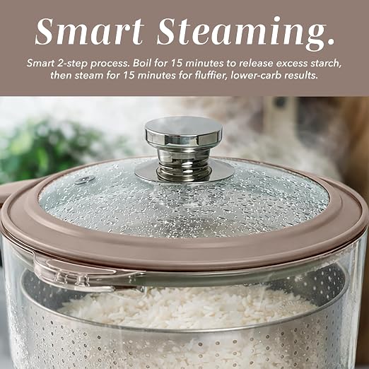 COOK WITH COLOR Glass Mini Low Carb Rice Cooker – Holds 2 Cups Raw/Makes 6 Cups Cooked with Auto Lift Filter Basket, Hotpot & Steamer for Rice, Grains, Digital Panel with Keep Warm, Goat/Mink