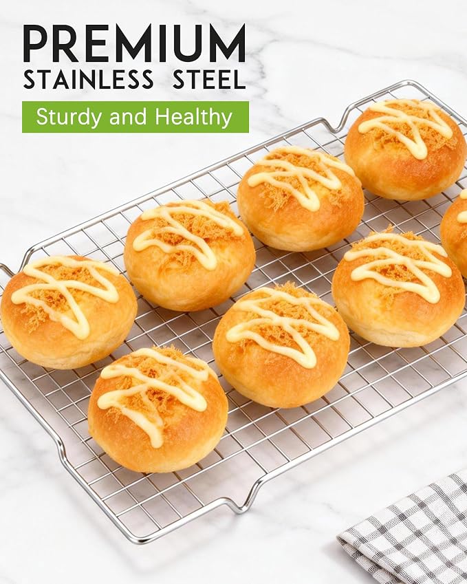 HULISEN 304 Stainless Steel Cooling Rack with Handles, 2-Pack, 16 x 10 Inch | Baking Rack for Half Sheet Pan, Dishwasher Safe, Oven Safe 500°F, Easy Transfer Design, For Baking, Roasting, Cooling Food