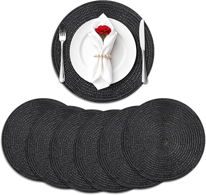 TaroKitc 15 in Round Placemats Set of 6, Washable Woven Braided Dining Table Mats, Heat Resistant Non-Slip Circle Place Mats for Kitchen Home Party Table Decor, Indoor & Outdoor - Black