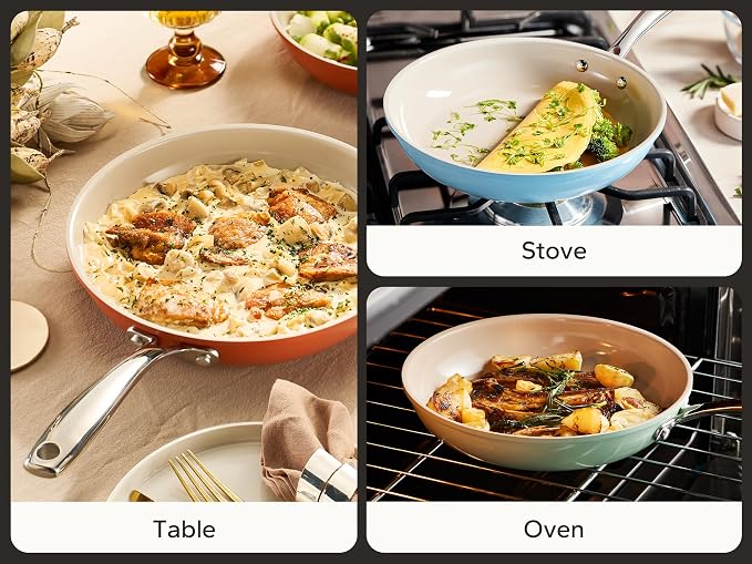 Redchef Colorful Ceramic Nonstick Frying Pan Set, Ceramic Pan Skillet, Non Toxic Pans for Cooking, Induction Compatible with Stainless Steel Handles & 3 Cork Pads, PFAS & PTFE & PFOA Free（8+9.5+11"）