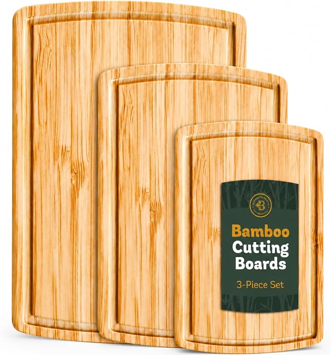 Bamboo Cutting Boards for Kitchen, Non Toxic Wooden Chopping Board Meat Set | Deep Juice Groove, Knife-Friendly, Reversible Butcher Block, Side Handles, Serving, Food Prep, Vegetable, Fruit, Meat, Cheese