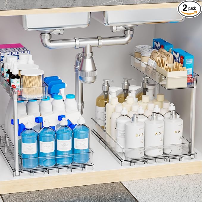 2 Pack 14.6″ Deep Pull Out Under Sink Organizer,10.8″ High 2 Tier Slide Out Cabinet Organizer for Kitchen Cabinet,Undersink Organizers,Under Sink Shelves,Bathroom Organizers and Storage,Clear