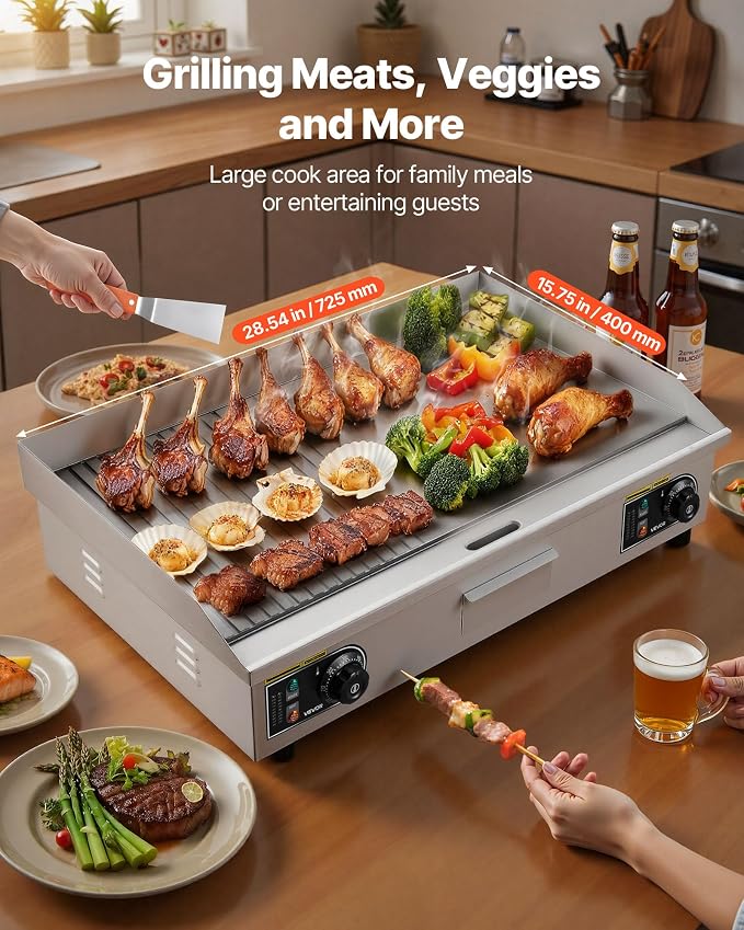 VEVOR Commercial Electric Griddle, 30" No Plug, Countertop Flat Top Griddle, Stainless Steel Teppanyaki Grill w/Iron Cooking Plate, 122-572℉ Adjustable Temp Control, 2 Shovels & Brushes