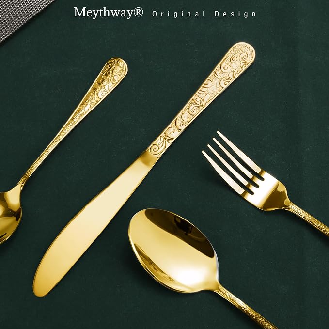 Meythway 40-Piece Vintage Carved Gold Silverware Set for 8, Stainless Steel Flatware Set with Knife/Fork/Spoon, Cutlery Set for Home and Kitchen, Utensil Set with Dishwasher Safe