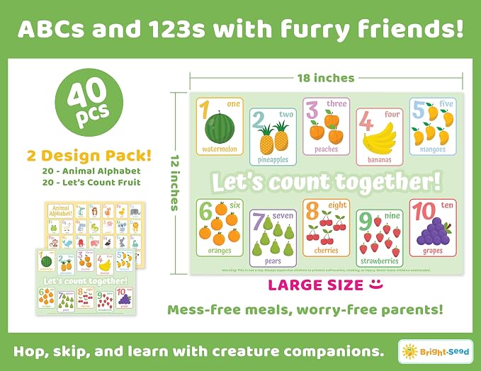 Bright Seed Disposable Placemats for Baby & Toddlers, Learning Mat- Animal3 | 40 Disposable Placemats, ABC, Numbers & Animal Learning, Perfect for Restaurants & Travel, Helps Keep Tables Clean