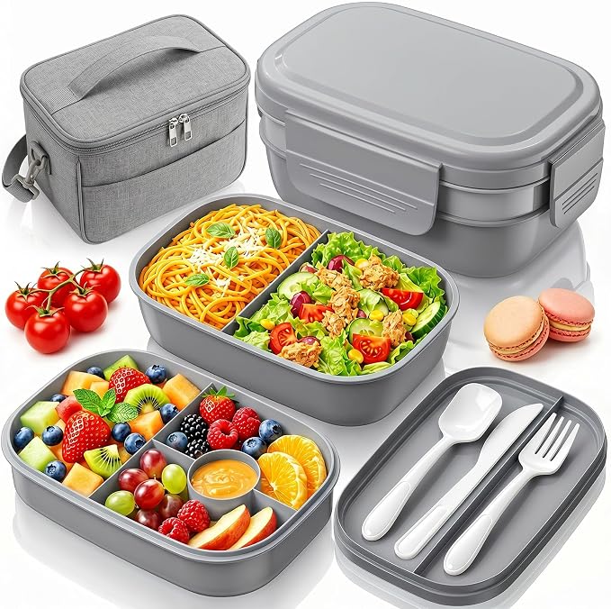 HOMETALL Bento Box Adult with Insulated Lunch Bag - 3 Stackable Leak-Proof Lunch Box Containers for Women & Men - BPA Free Lunchbox with Utensil Set (Spoon, Knife, Fork) for Work, Picnic, Dining Out