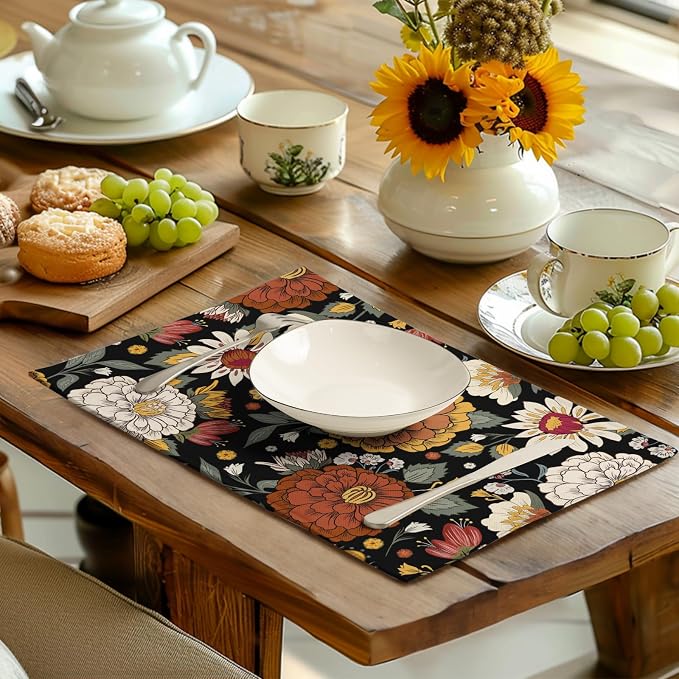 Black Boho Floral Placemats Set of 4 Spring Summer Vintage Flowers Botanical Decorative Table Mats Mid Century Modern Linen Place Mats for Party Kitchen Dining Outdoor Indoor Decor
