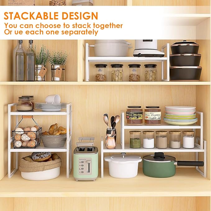 Expandable Cabinet Shelf Organizer, Stackable Kitchen Counter Shelf, White | Space Saving Metal Pantry Storage Racks for Kitchen Spice Rack Pans and Untensils Bathroom Office Organization, 1-Tier