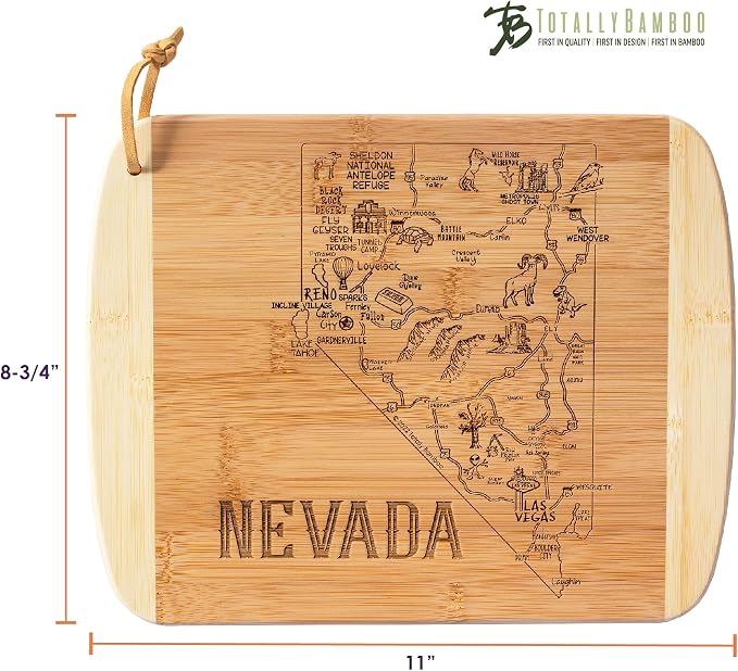 Totally Bamboo A Slice of Life Nevada Engraved Map Cutting Board | 11” x 8.75” charcuterie board with engraved state map artwork. Smooth reverse side for food prep. Hang tie for wall display.
