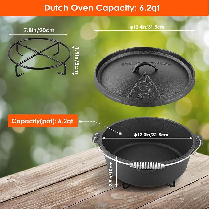 LIFERUN 6.2 Quart Cast Iron Dutch Oven Pot with Lid | Dutch Oven with Stand & Spiral-shaped Handle, Cast Iron Pot without Feet for Outdoor & Indoor