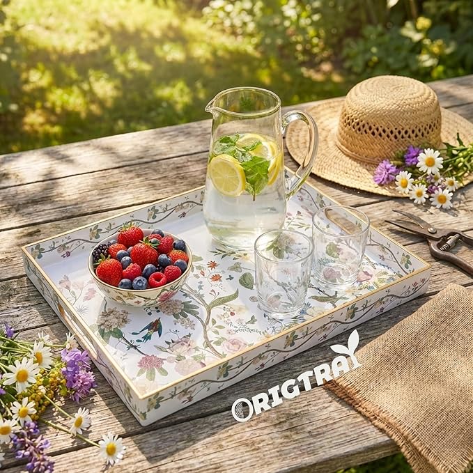 Serving Tray with Handles, Rectangular Plastic Tray 15.75x11.81 Inch, Floral Art with Peony, Hydrangea, Magnolia & Magpie Style Decorative Tray for Kitchen, Dining Table, Vanity, Office & Home