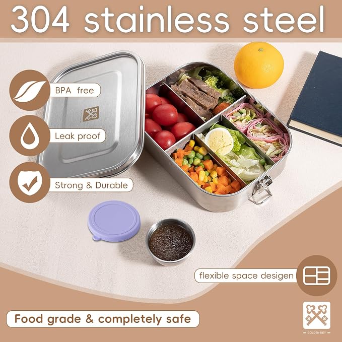 GOLDEN KEY 47oz Stainless Steel Lunch Box for Adults or Kids,1400ml Large & Thickened Metal Lunch Box with 5 Compartments,Eco-friendly Leak-Proof Container with Lockable Clips