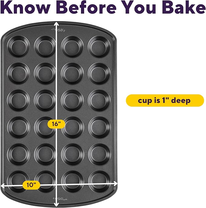 Wilton Gold Non-Stick Muffin Pan, Made Without PFAS, 24-Cup | Non-Stick Steel with Scratch-Resistant Coating, Resists Warping, Extended Handles, Dishwasher Safe, Perfect for Cupcakes