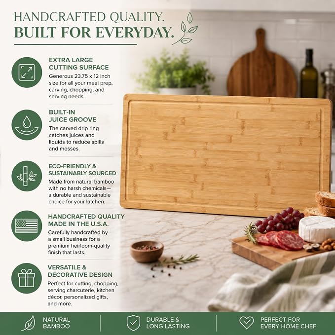 Handcrafted 23.75x12 inch Bamboo Cutting Board with Juice Groove – Handcrafted Bamboo Chopping Block, Eco-Friendly Charcuterie & Serving Board, 1/2 Inch Thick (XXX-Large)