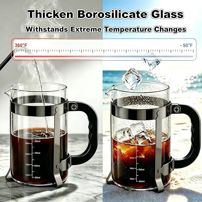 QUQIYSO French Press 51oz,Large French Press Thickened Glass Coffee Press | French Press Stainless Steel,Large Capacity Coffee Maker,Easy to Clean,4 Filter,Suitable for Party Home Office(Dark Pewter)