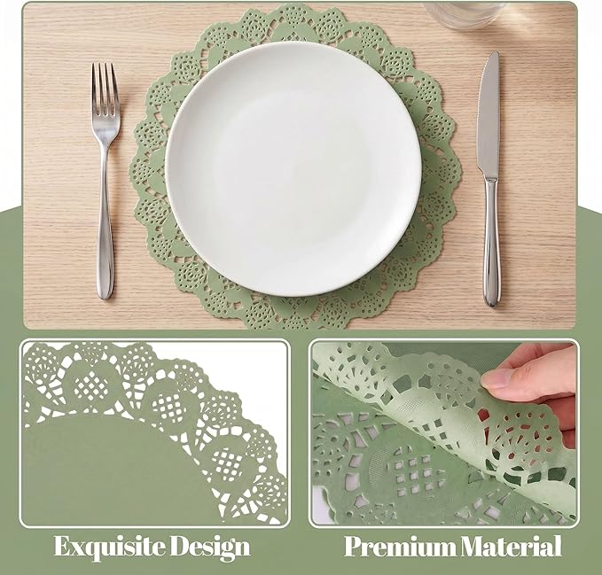 100 Pack 13.5 Inch Round Sage Green Paper Doilies, Disposable Lace Placemat | Rustic Scallop Doily Table Pads, Heavy-Duty Paper Place Mats for Cakes, Crafts, Parties, Weddings, Buffet, Home Decor