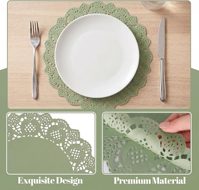300 Pack 13.5 Inch Round Sage Green Paper Doilies, Disposable Lace Placemat | Rustic Scallop Doily Table Pads, Heavy-Duty Paper Place Mats for Cakes, Crafts, Parties, Weddings, Buffet, Home Decor