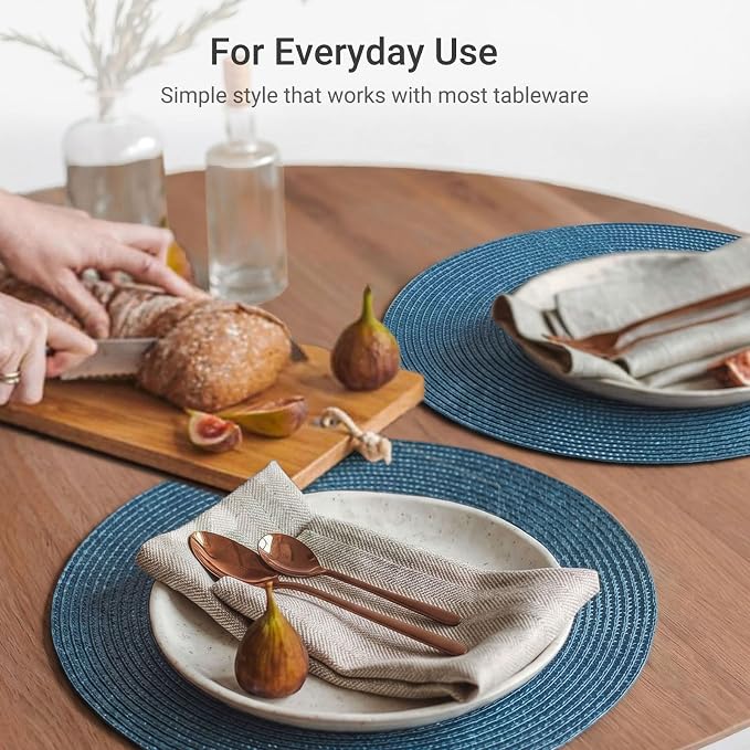 FunWheat Round Braided Placemats Set of 8 Place Mats for Dining Table Woven Washable Non-Slip Table Mats 15 Inch(Blue,8pcs)