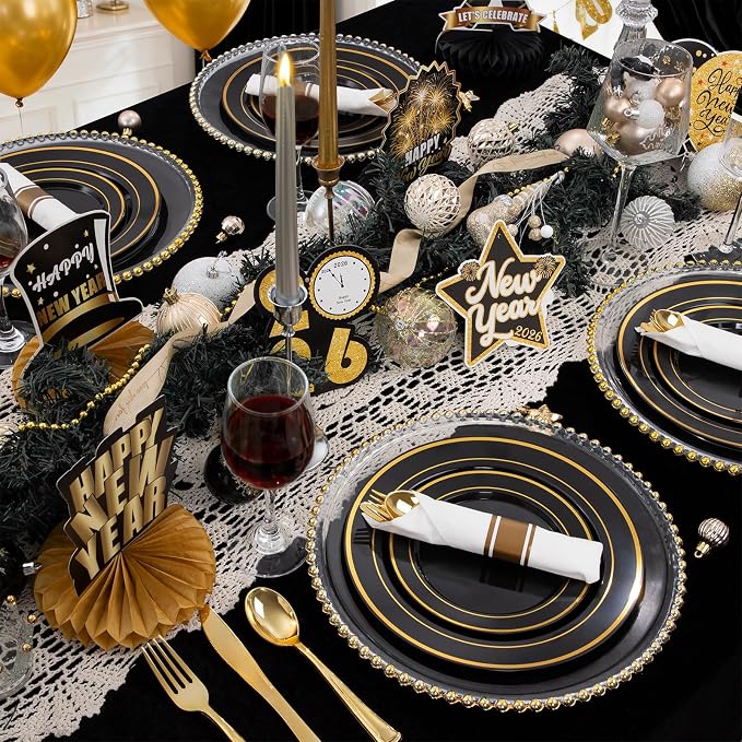350 Pieces Black and Gold Plastic Plates with Disposable Silverware, Include 50 Dinner Plates 9”, 50 Dessert Plates 6.3”, 50 Black Cups 9 OZ, 50 Pre Rolled Napkins for Wedding/Party/Birthday/Halloween