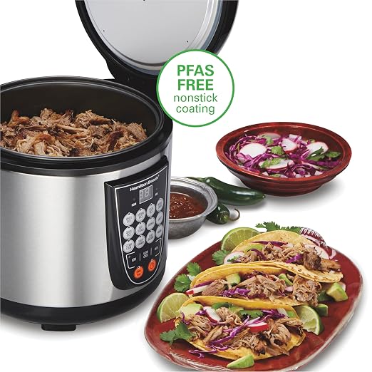 Hamilton Beach Digital Programmable Rice Cooker & Food Steamer | 20 Cups Cooked (10 Cups Uncooked) | 14 Pre-Programmed Settings | PFAS-Free Nonstick Pot | Steam Basket | Stainless Steel