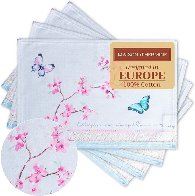 Maison d' Hermine Placemats Set of 4 Reusable 100% Cotton (13"x19") | Cloth Place Mats Washable Table Mats for Kitchen Dining Party Wedding Home Restaurant Spring Summer - Blossoms in Spring