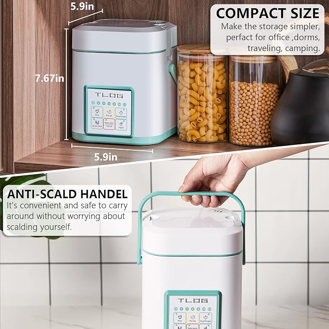 TLOG Mini Rice Cooker, 1.2L with Ceramic-Coated Pot, 2.5-Cup Uncooked | Food steamer, 12-hour delay timer, compact size for 1-2 people, for rice, grains, oatmeal, dorm rooms and travel