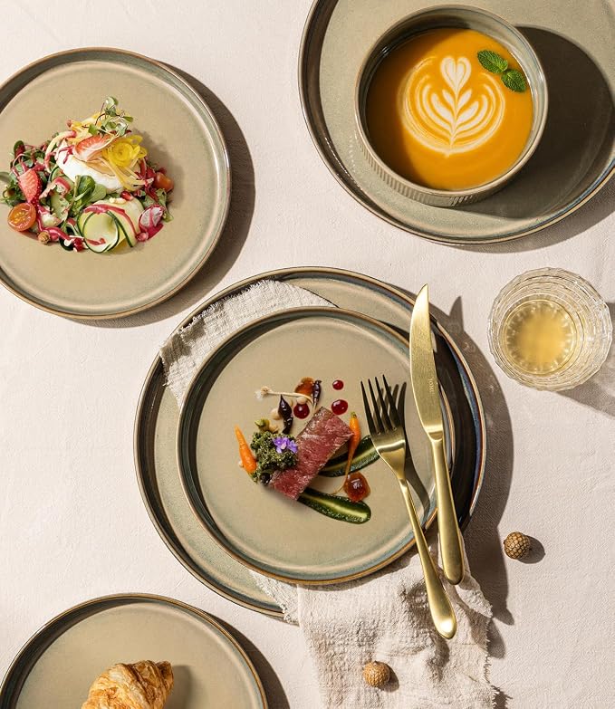 GBHOME Stoneware Dinnerware Sets for 4, 12 Pieces Plates and Bowls Set | Lightweight Ceramic Ribbed Dishes, Reactive Glaze Stackable Plate Set, Scratch Resistant, Microwave & Dishwasher Safe, Khaki