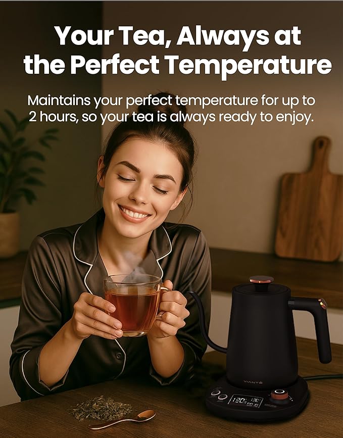 Viante Electric Gooseneck Kettle 0.8L, Pour Over Coffee & Tea, Temp Control | Boil-dry protection, keep-warm function, BPA-free stainless steel body. Includes #2 coffee filters