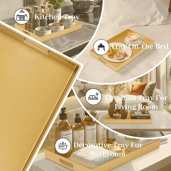 Gold Decorative Tray for Coffee Table, Serving Tray with Handles | Plastic Melamine Tray, Modern Ottoman Tray, Rectangular Countertop Organizer Tray for Living Room, 15.8"L x 10.2"W x 1.4"H