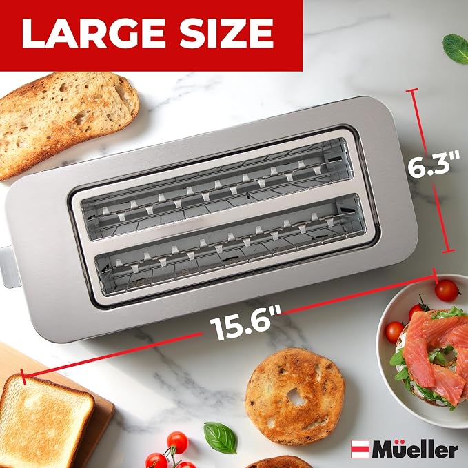 Mueller UltraToast Stainless Steel Toaster 4 Slice – Extra-Wide 1.6" Slots | For Artisan Bread, Bagels & Frozen Waffles, 6 Browning Levels, LED Display, Cancel/Defrost/Reheat, Removable Crumb Tray
