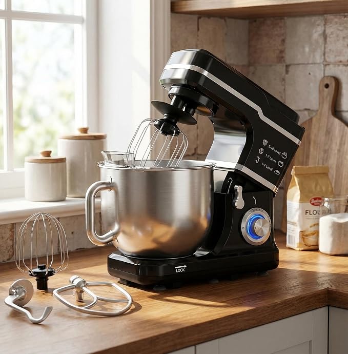 GarveeLife 7.5QT Stand Mixer, 10-Speed Tilt-Head Electric Food Mixer with Stainless Steel Bowl, 660W Motor, Dough Hook, Whisk & Beater, Compact Design for Home Baking,Black
