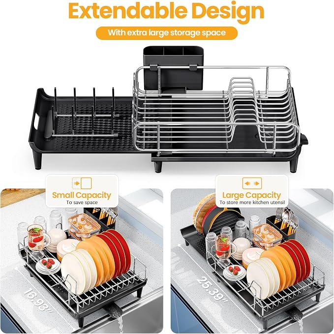 TOOLF Expandable Dish Drying Rack for Kitchen Counter, Black | Collapsible 16.7"-26.8", Stainless Steel Dish Dryer Rack Drainer for RV, Apartment, with Cutlery Holder, Fits for 3-4 People