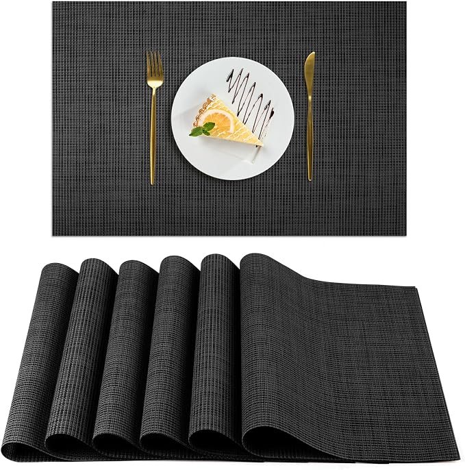 AUAUY Placemats Set of 6 Washable, Non-Slip Heat Resistant Table Mat, Black | 6pcs PVC Vinyl Woven Table Placemats Wipeable for Kitchen Dinning Restaurant, Farmhouse