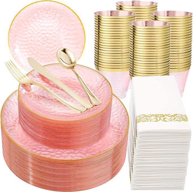 DaYammi 350PCS Clear Pink Plastic Dinnerware Set for 50 Guests, Hammered Disposable Plates for Party, Include: 50 Dinner Plates, 50 Dessert Plates, 150 Gold Silverware, 50 Napkins, 50 Cups