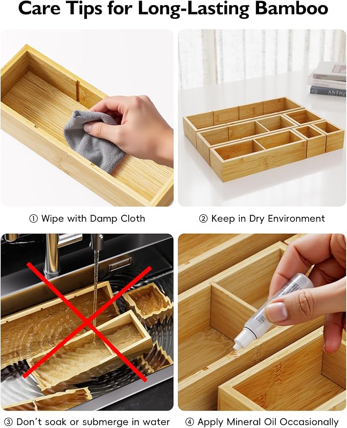 Bamboo Drawer Organizer Set, 6 PCS Trays with 12 Compartments | Natural Bamboo, Flexible Modular Trays, Water-Resistant, Stackable Design, Adjustable, Excellent Organization, Easy to Clean