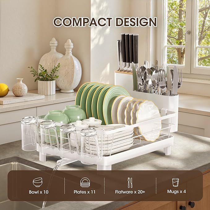 Runnatal Dish Drying Rack with Drainboard for Kitchen Counter and Sink | Large Dish Rack Rustproof Dish Drainer with Detachable 2-in-1 Utensil Holder, Extra Cup Holder, White