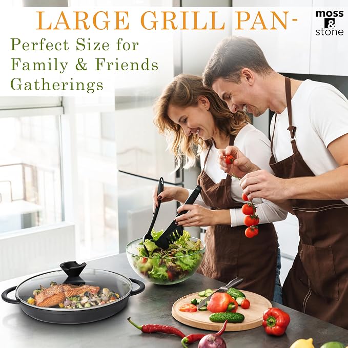 Moss & Stone 12" Grill Pan for Indoor Cooking, Nonstick Pan with Glass Lid | Aluminum Griddle Pan for Stove Top & Induction, Glass Lid, Silicone Handles, Dishwasher & Oven Safe, PFOA Free