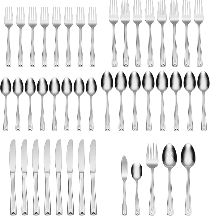 Oneida Lincoln Satin 45-Piece 18/0 Silverware Set for 8, Flatware | satin finish, dishwasher safe | includes serving spoons and utensil set | cutlery set, wedding silverware