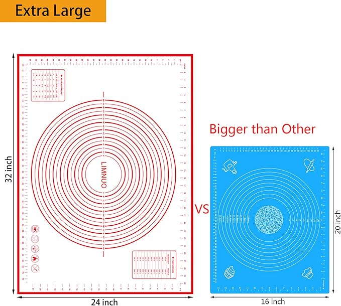 Silicone Baking Mat，Non Stick Rolling Dough with Measurements for Pie Pizza Cookies Fondant Making，Extra Thick Non Slip Silicone Pastry Mat (Red, XXL-24"×32")