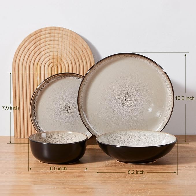 LIANYU 16 Piece Dinnerware Sets with Double Bowls for 4, Tidal Khaki | Modern Ceramic Plates and Bowls Set, Kitchen Round Dinning Ware Dishware Set, Microwave and Dishwasher Safe