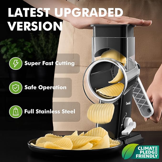 Geedel Upgraded Rotary Cheese Grater Hand Crank, Vegetable Shredder Slicer | 4 Blades, Stronger Suction Base, Wider Chute, 18x Faster Cutting, No BPA, Stainless Steel, for Cheese, Veggies, Nut