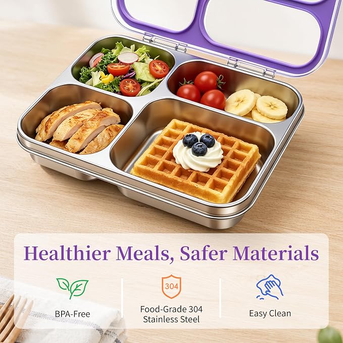 Stainless Steel Lunch Box for Kids, Leakproof 4 Compartment Kids Bento Lunch Box with Clear Lid, BPA-Free Steel Lunch Box Containers for School Travel (Purple)