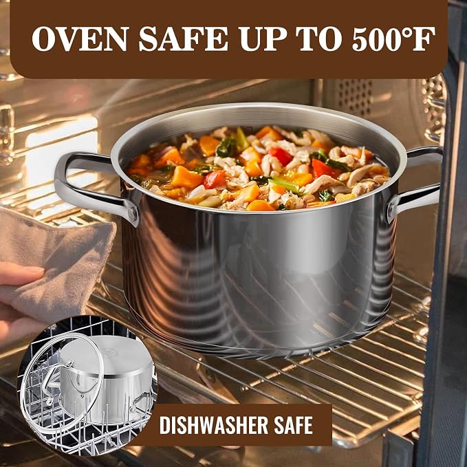 Rorence Stainless Steel Stock Pot, 6-Quart | Tri-Ply Base, Large Pot Induction Cooking Pot with Lid, For All Stoves, Oven & Dishwasher Safe