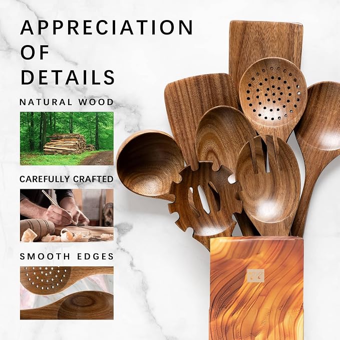 Wooden Spoons for Cooking, 8-Piece Acacia Wood Cooking Utensil Set | Spoons and spatulas stir, mix, flip and serve; balanced handles offer control while staying gentle on nonstick cookware.