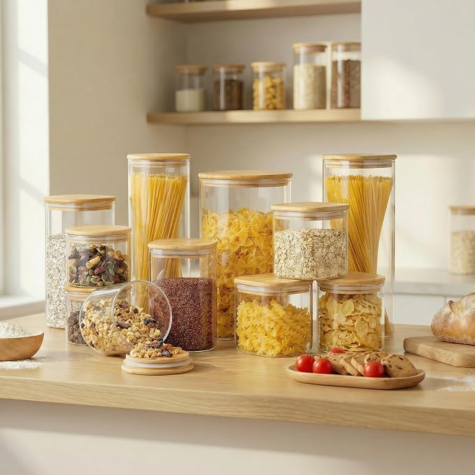 57 oz Square Glass Food Storage Containers with Airtight Bamboo Lids, 3Pack | Tall Pantry Jars for Flour, Sugar & Pasta, Durable Borosilicate Glass Canister Keep Food Dry & Fresh, Easy to Fill & Clean