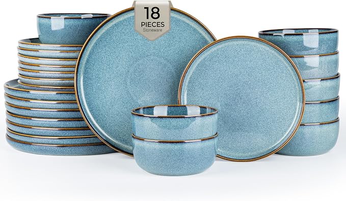 GBHOME Dinnerware Sets for 6, 18 Pieces Ceramic Plates and Bowls Set | Scratch Resistant Stoneware Dishes Set, Dishwasher & Microwave Safe, Reactive Glaze-Space Blue