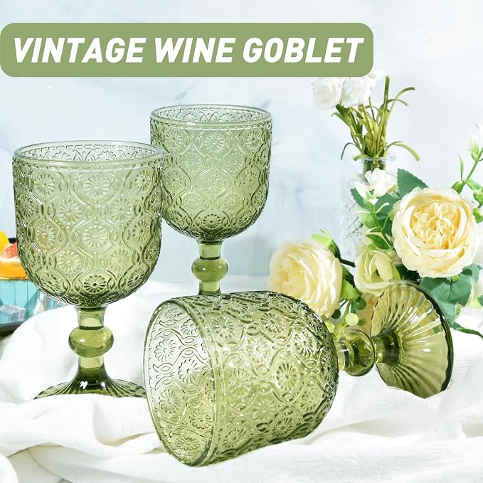 CHLJAR Green Vintage Wine Glasses set of 6 Goblets Glassware, 14 oz Green Wine Glasses, Vintage Colored Glass Goblet for Wedding, Party, Red Wine Glass, Bars, Restaurants Dishwasher Safe