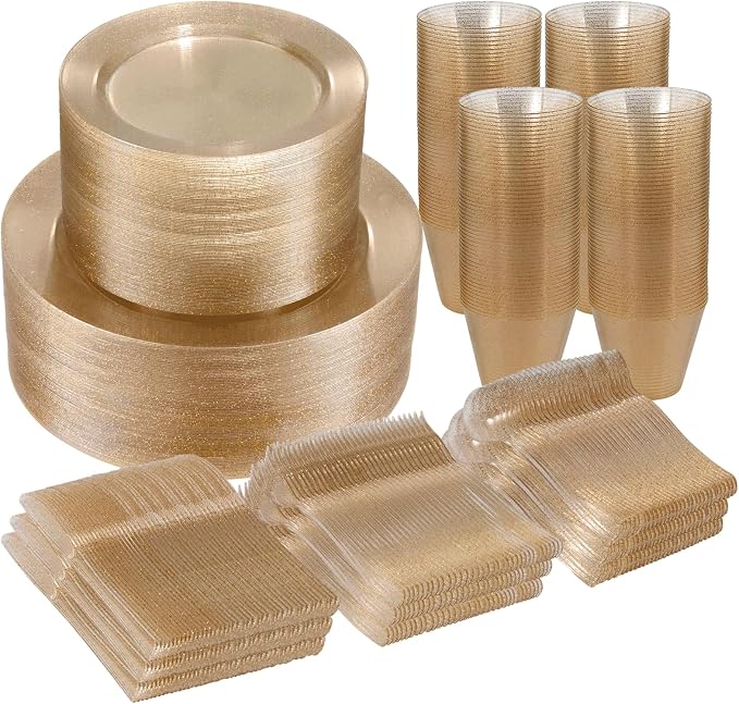 BESTVIP 600PCS Gold Glitter Dinnerware Set for 100 Guests, Plastic Plates | for Party, 100 Gold Glitter Disposable Plates, 100 Dessert Plates, 100 Cups, 100 Spoons, 100 Forks and 100 Knives