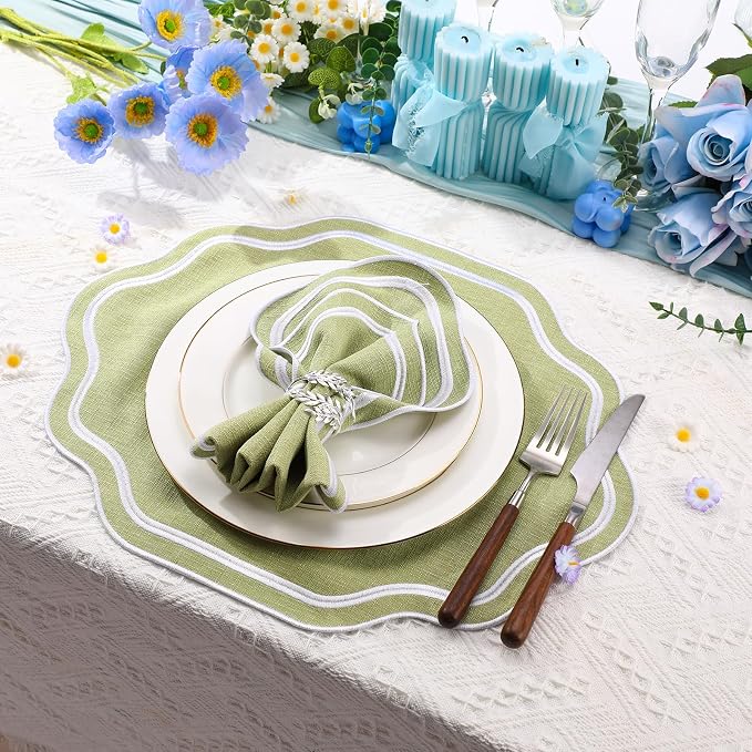 6 Pcs Sage Green Wedding Placemats Scalloped Embroidered Cotton Linen Placemats 17" x 13" Double Layered Machine Washable Table Place Mat for Party Table Decor (Cotton)